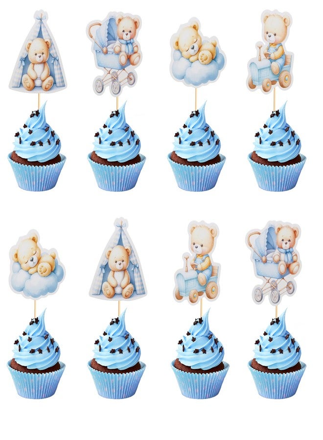 Arthsdite 24Pcs Baby Shower Bear Cupcake Toppers Cloud Baby Bear Baby Shower Tent Rocking Chair Cupcake Picks Decorations Birthday Party Supplies for Boys - Blue - Image 1