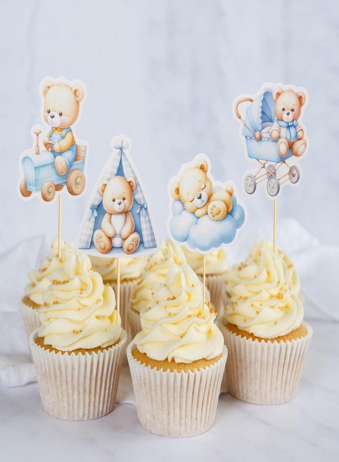 Arthsdite 24Pcs Baby Shower Bear Cupcake Toppers Cloud Baby Bear Baby Shower Tent Rocking Chair Cupcake Picks Decorations Birthday Party Supplies for Boys - Blue - Image 4