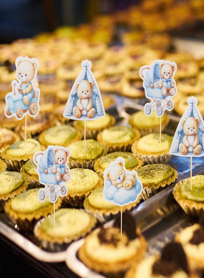 Arthsdite 24Pcs Baby Shower Bear Cupcake Toppers Cloud Baby Bear Baby Shower Tent Rocking Chair Cupcake Picks Decorations Birthday Party Supplies for Boys - Blue - Image 5