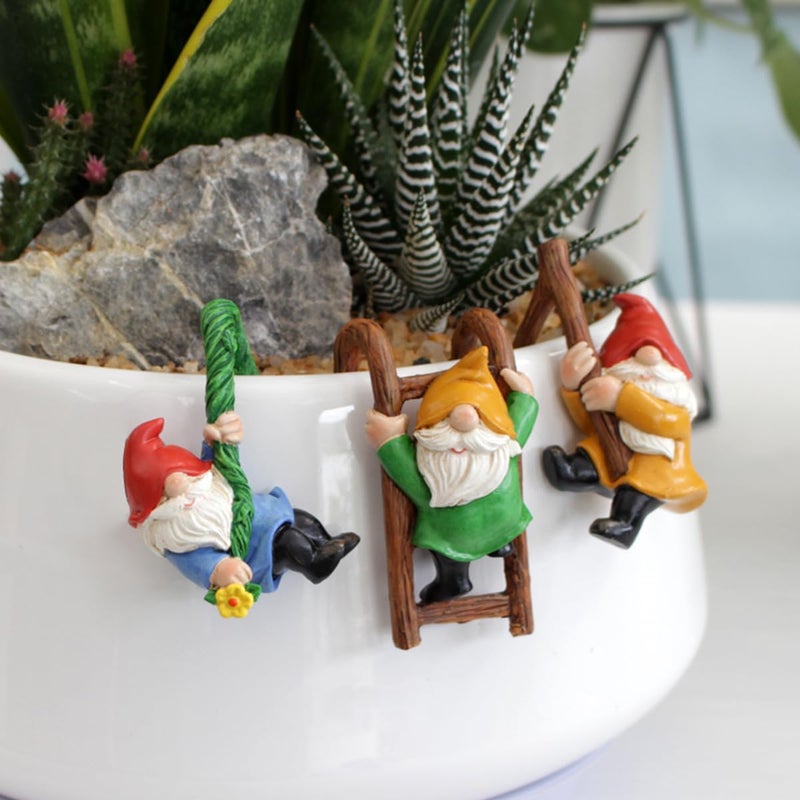 JARPSIRY Set of 3 Cute Climbing Gnome Figurines Flower Pot Hugger, Resin Hanging Gnomes Statue Outdoor Decor Fence Ornaments for Patio Lawn Garden Yard - Image 3