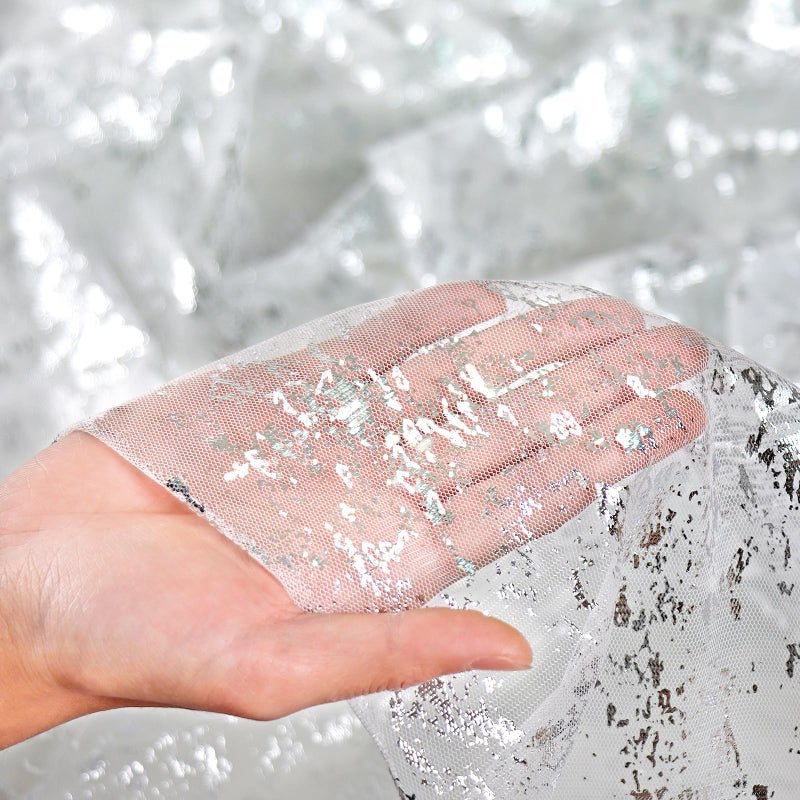 LOMOHOO White Silver Gauze Table Runner, 120 Inch 10FT Sheer Sequin Glitter Metallic Foil Lace Tulle Fabric Table Runners for Birthday Party Wedding Anniversary Holiday Dining Table Decor (1pcs) - Image 4