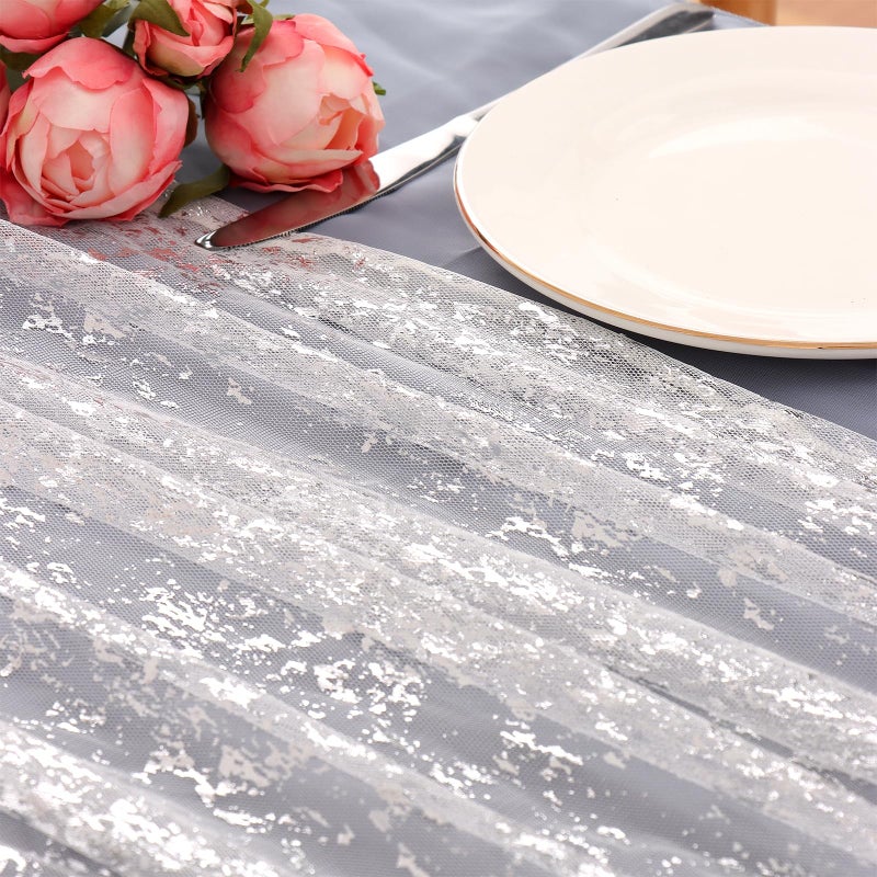 LOMOHOO White Silver Gauze Table Runner, 120 Inch 10FT Sheer Sequin Glitter Metallic Foil Lace Tulle Fabric Table Runners for Birthday Party Wedding Anniversary Holiday Dining Table Decor (1pcs) - Image 3
