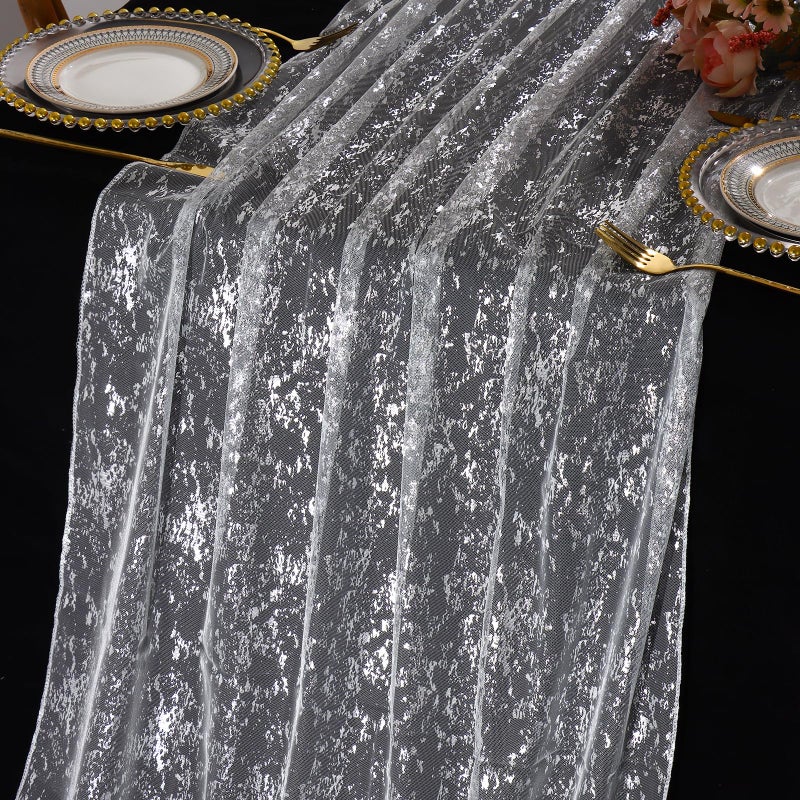 LOMOHOO White Silver Gauze Table Runner, 120 Inch 10FT Sheer Sequin Glitter Metallic Foil Lace Tulle Fabric Table Runners for Birthday Party Wedding Anniversary Holiday Dining Table Decor (1pcs) - Image 1