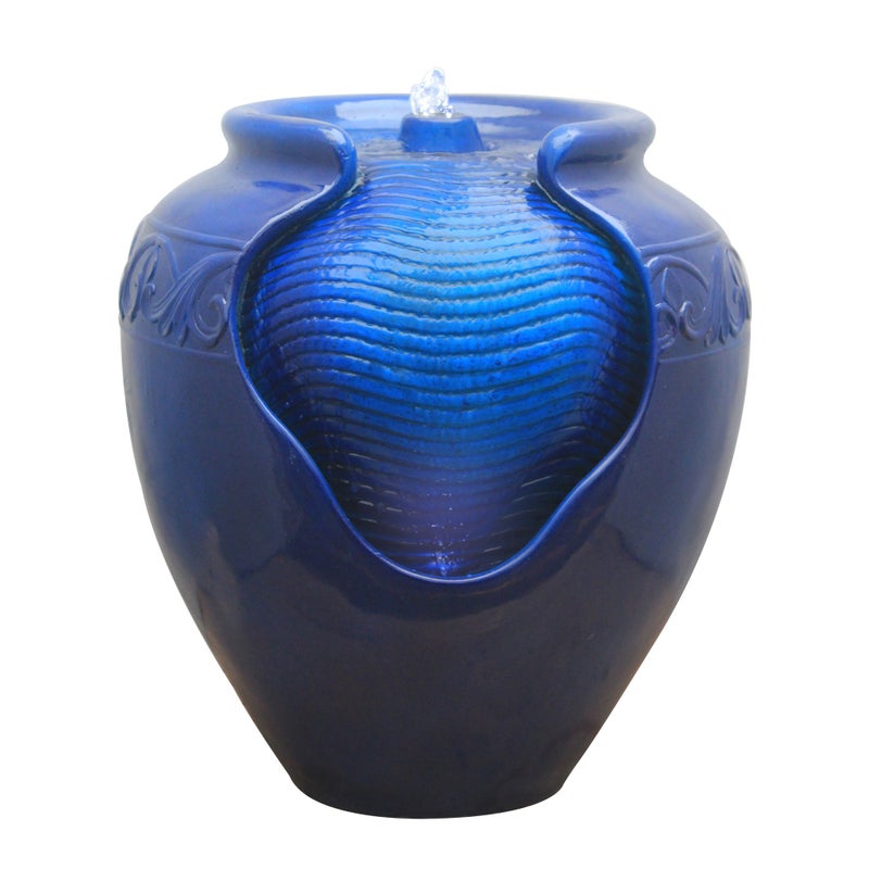 Teamson Home Teamson Home 1696 in Outdoor Glazed Pot Water Fountain with LED Lights Builtin Pump to Create a Calming Oasis in Gardens Landscaping Patios Balconies Lawns Royal Blue 
