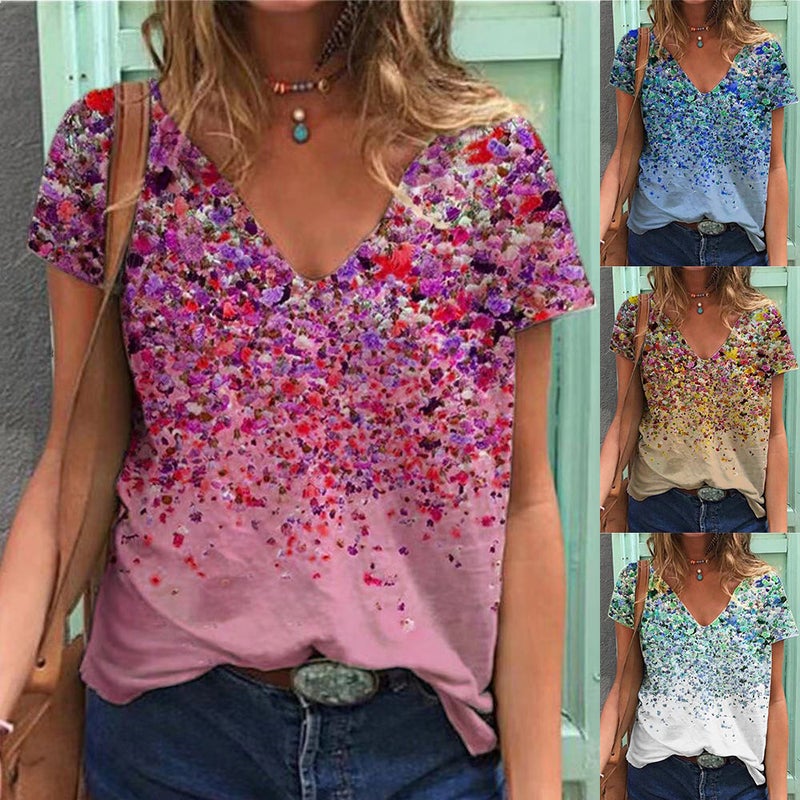 Summer new European and American cross-border women's clothing wish independent station hot selling V-neck floral print short-sleeved top T-shirt women white XL - Image 2