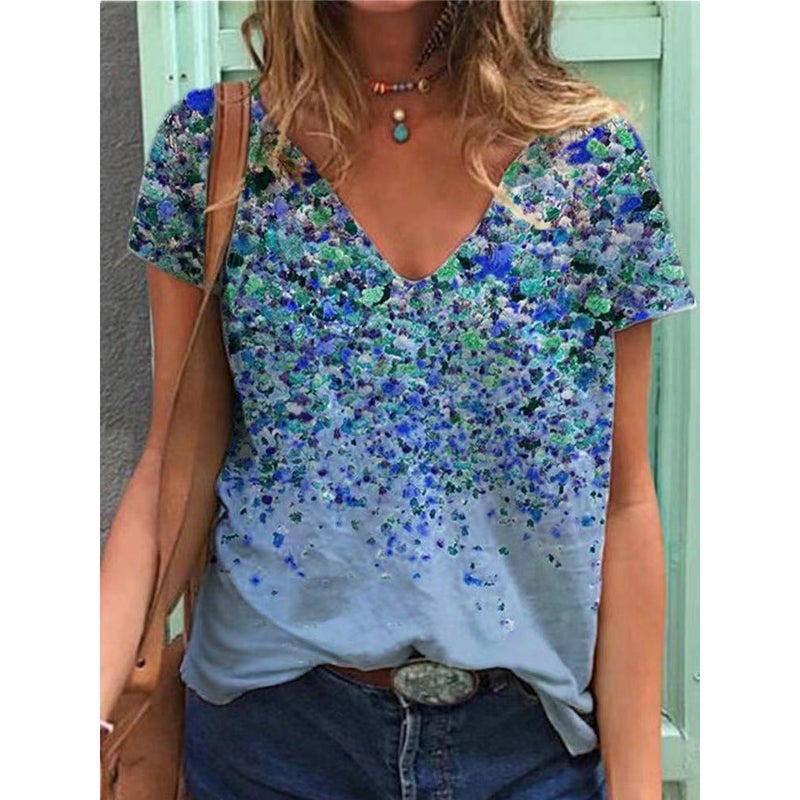 Summer new European and American cross-border women's clothing wish independent station hot selling V-neck floral print short-sleeved top T-shirt women white XL - Image 5