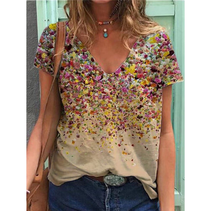 Summer new European and American cross-border women's clothing wish independent station hot selling V-neck floral print short-sleeved top T-shirt women white XL - Image 4