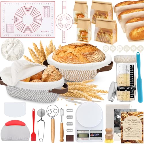 Aliggbent 38Pcs Sourdough Bread Baking Supplies – 11'' Oval & 10'' Round Cotton Rope Banneton Bread Proofing Baskets with Liners & Covers, Sourdough Starter Jar Kit, Scale, Bags & Bread Making Tools - Image 1