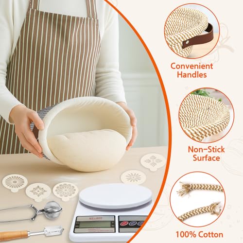 Aliggbent 38Pcs Sourdough Bread Baking Supplies – 11'' Oval & 10'' Round Cotton Rope Banneton Bread Proofing Baskets with Liners & Covers, Sourdough Starter Jar Kit, Scale, Bags & Bread Making Tools - Image 4