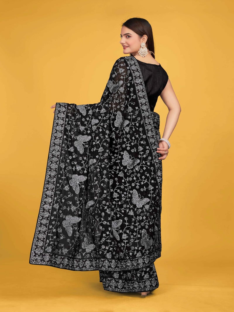 MANOHARI Georgette Most Trendy Embroidery Black Saree For Women With Blouse Piece - Image 5