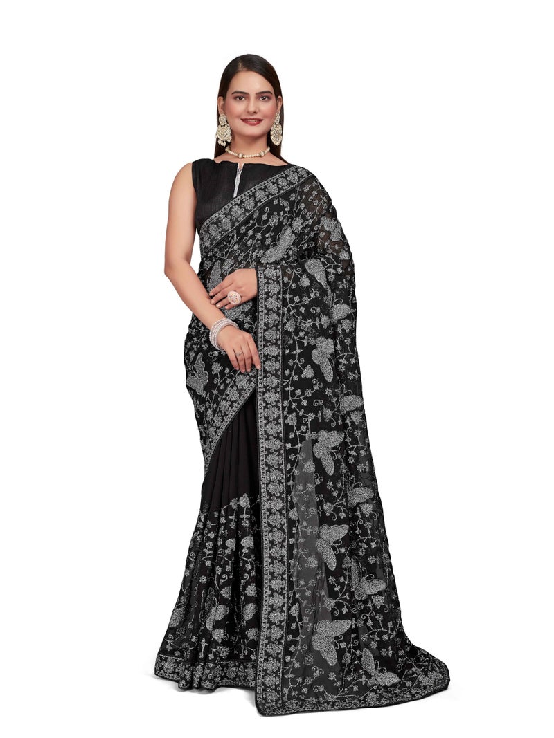 MANOHARI Georgette Most Trendy Embroidery Black Saree For Women With Blouse Piece - Image 1