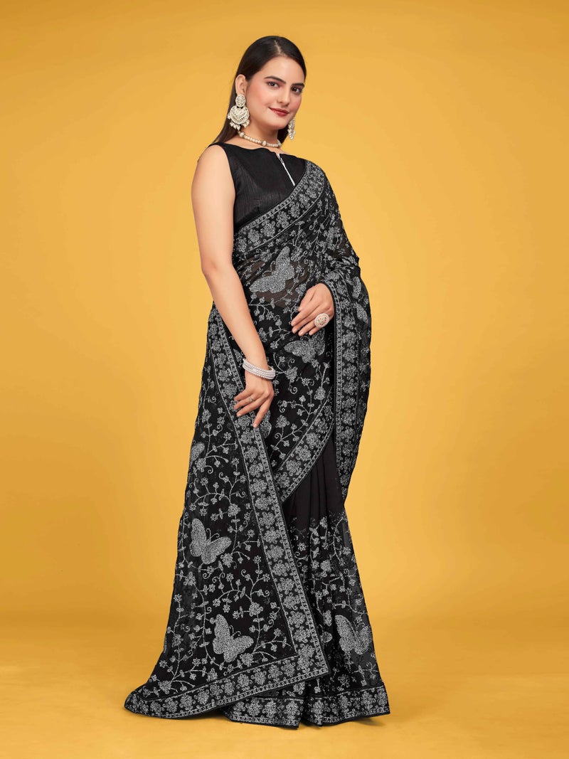 MANOHARI Georgette Most Trendy Embroidery Black Saree For Women With Blouse Piece - Image 4