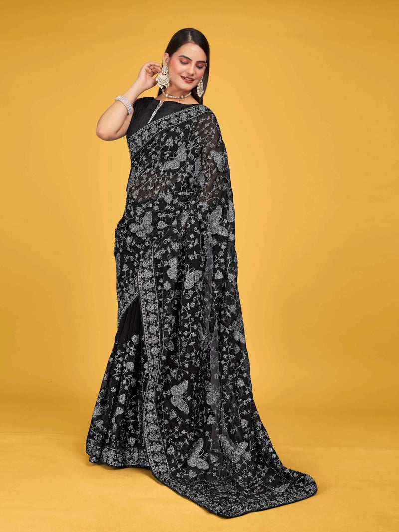 MANOHARI Georgette Most Trendy Embroidery Black Saree For Women With Blouse Piece - Image 3