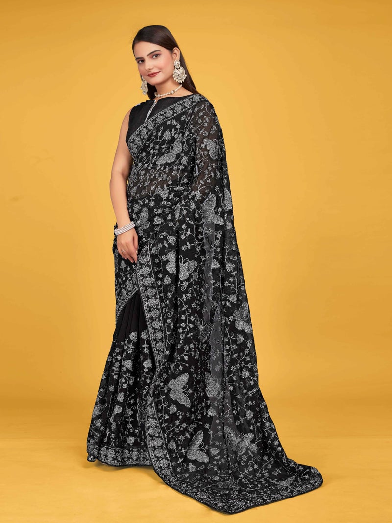 MANOHARI Georgette Most Trendy Embroidery Black Saree For Women With Blouse Piece - Image 2