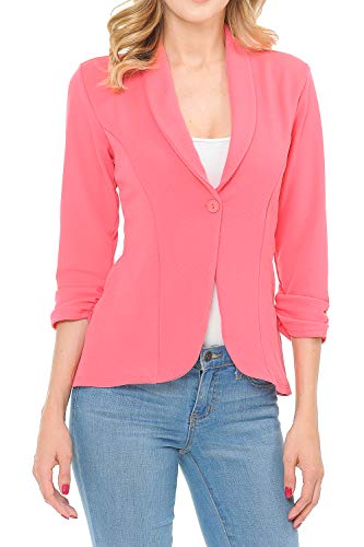 MINEFREE Women's 3/4 Ruched Sleeve Lightweight Work Office Blazer Jacket Coral S - Image 2