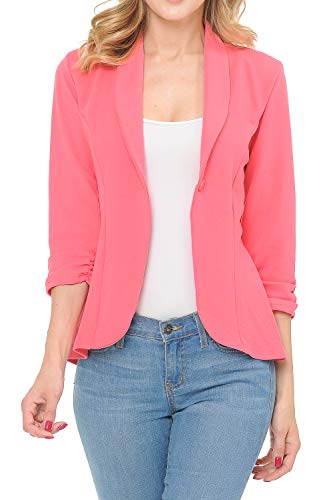 MINEFREE Women's 3/4 Ruched Sleeve Lightweight Work Office Blazer Jacket Coral S - Image 1