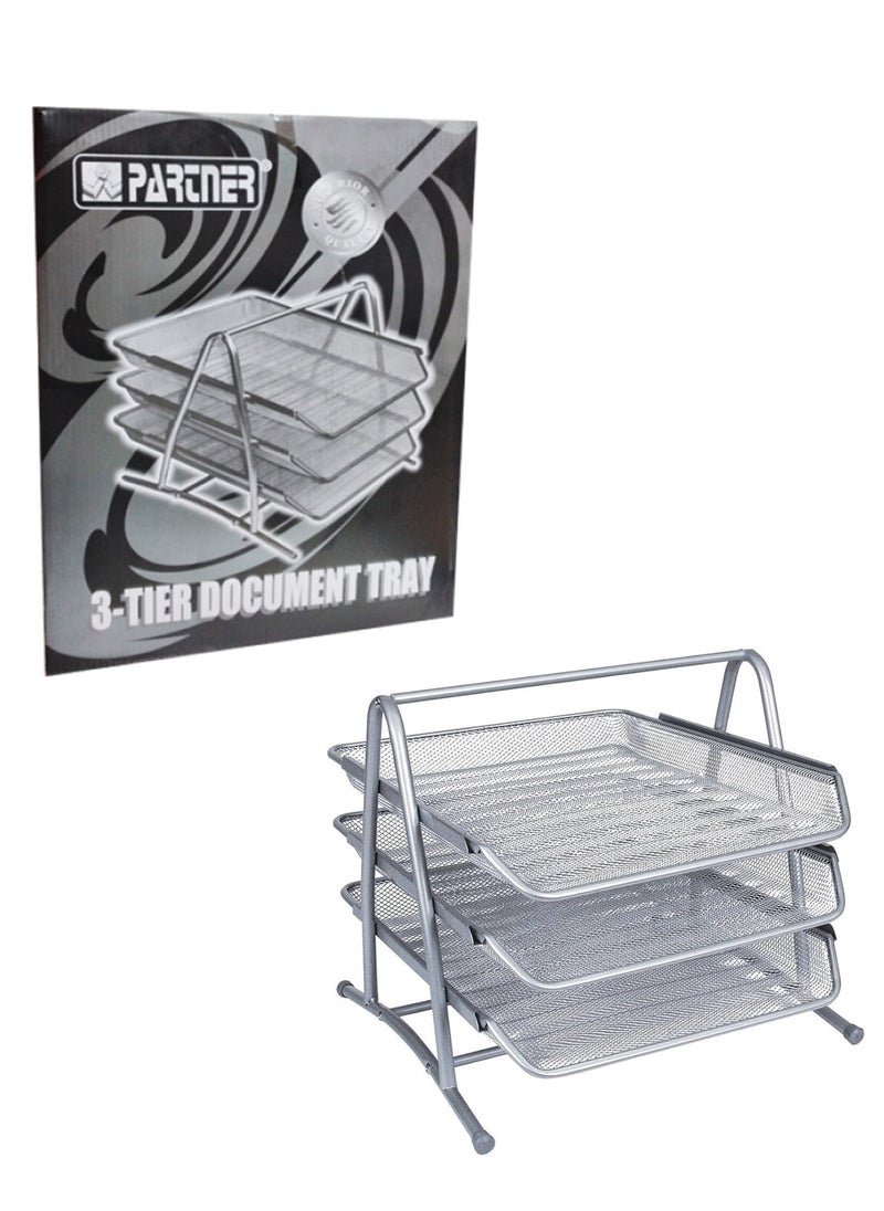PARTNER - Metal Mesh 3-Tier Document Tray Silver - Image 1