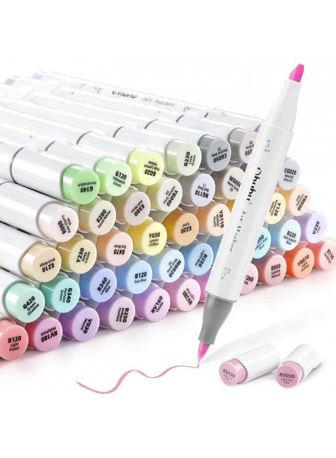 Ohuhu Pastel Markers Brush Tip - 48 Pastel Colors Double Tipped, Marker Set of Honolulu Sweetness for Artist Adults Coloring Sketching Illustration- Brush & Chisel- Alcohol-based Refillable Ink - Image 1