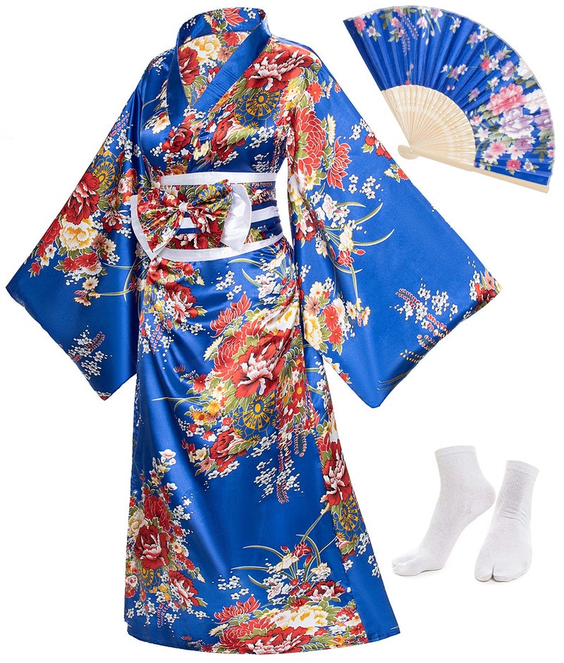 Japanese Anime Womens Long Kimono Robe Fancy Dress Hand Held Silk Folding Fans Tabi Socks OBI Belt Set Blue Plus Size
