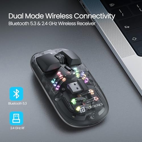 Portronics Toad 5 Transparent Bluetooth Mouse with 2.4 GHz & BT 5.3 Dual Wireless, Rechargeable, RGB Lights, Connect 3 Devices, Sleek Design for Laptop, Smartphone, Tablet (Black) - Image 2