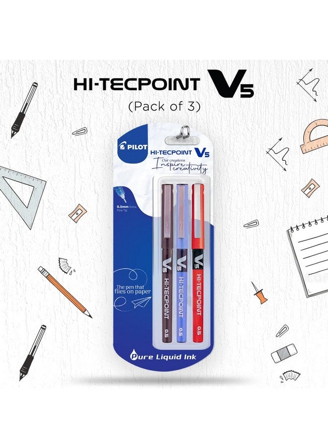 Pilot Hi-Tecpoint V5 0.5mm Extra Fine Point Pure Liquid Ink Roller Ball Pen | Pack Of 3 (1 Blue + 1 Black + 1 Red) - Image 5