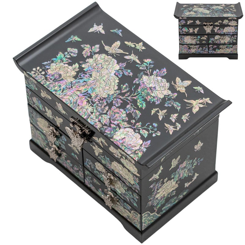 February Mountain Mother of Pearl Jewelry Box with Traditional Mother of Pearl Inlay Elegant Floral and Butterfly Design for Her - Image 2