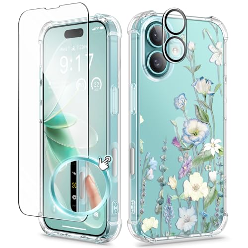 GVIEWIN for iPhone 16 Case, with Screen Protector & Camera Lens Protector, Floral Shockproof Protective Bumper Slim Soft Clear Phone Cover for Women 2024 6.1" (Aquilegia/White) - Image 1