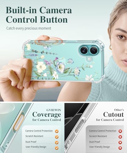 GVIEWIN for iPhone 16 Case, with Screen Protector & Camera Lens Protector, Floral Shockproof Protective Bumper Slim Soft Clear Phone Cover for Women 2024 6.1" (Aquilegia/White) - Image 5
