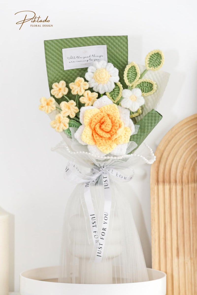 Piklado Hand-Woven Flower Bouquet Finishedï¼ˆ1pcsï¼‰ for Valentine's Day Girlfriend Birthday Gift Wedding Decoration Crochet Artificial Flower, Bouquet Gift (Yellow) - Image 5