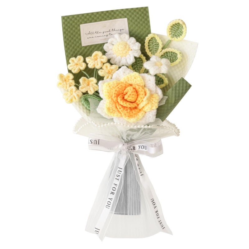 Piklado Hand-Woven Flower Bouquet Finishedï¼ˆ1pcsï¼‰ for Valentine's Day Girlfriend Birthday Gift Wedding Decoration Crochet Artificial Flower, Bouquet Gift (Yellow) - Image 1