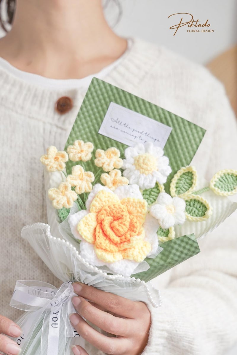 Piklado Hand-Woven Flower Bouquet Finishedï¼ˆ1pcsï¼‰ for Valentine's Day Girlfriend Birthday Gift Wedding Decoration Crochet Artificial Flower, Bouquet Gift (Yellow) - Image 2