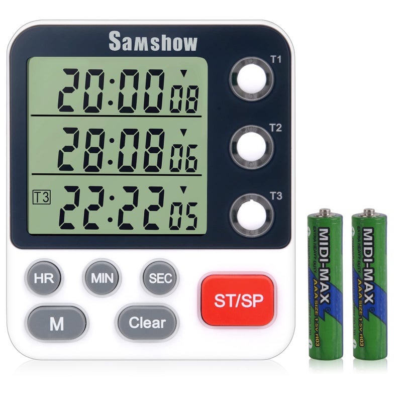 Digital Dual Kitchen Timer 3 Channels Count UPDown Timer Cooking Timer Large Display Triple Timer Magnetic Stopwatch Timer for Classroom Kid Adjustable Volume Loud AlarmBattery Included