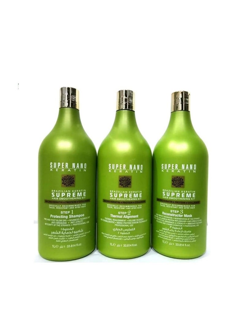 SUPER NANO KERATIN - SUPER NANO KERATIN Brazilian Keratin Supreme 3-Step Hair Smoothing Kit for Thick, Afro, and Resistant Hair - Professional Frizz Control and Long-Lasting Straightening, 3x1000ml - Image 1