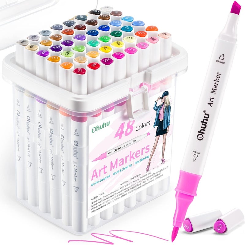 Ohuhu Markers: 48-Color Double Tipped Brush & Chisel Alcohol Markers for Adults Coloring Illustration, Alcohol-based Art Marker Set with Unique Designed Grip, Great Value Pack for Beginners - Image 1