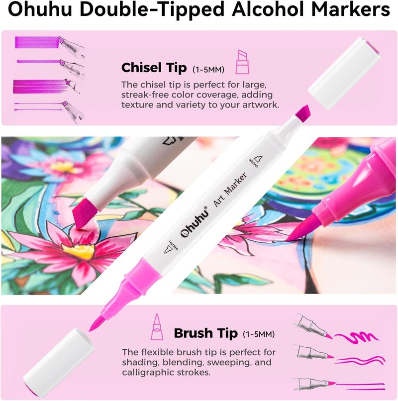 Ohuhu Markers: 48-Color Double Tipped Brush & Chisel Alcohol Markers for Adults Coloring Illustration, Alcohol-based Art Marker Set with Unique Designed Grip, Great Value Pack for Beginners - Image 2