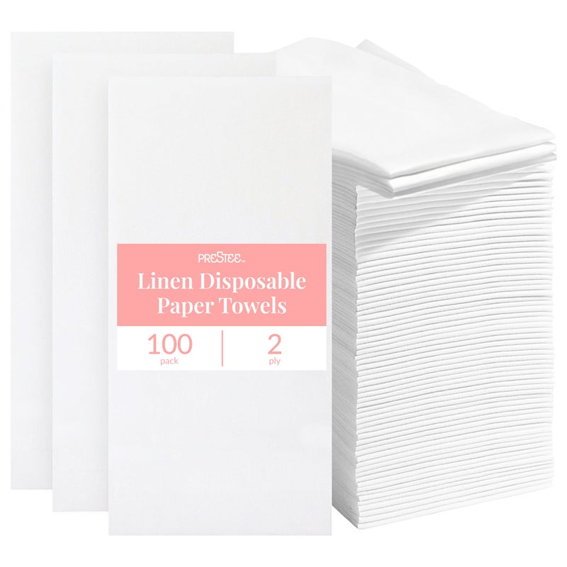 Prestee 100 Linen Feel Disposable Paper Towels - Hand Towels for Bathroom - Cloth-Like Napkins for Weddings, Events, and Dinners - Paper Napkins Ideal for Home, Office - White, 12 x 17 Inches - Image 1