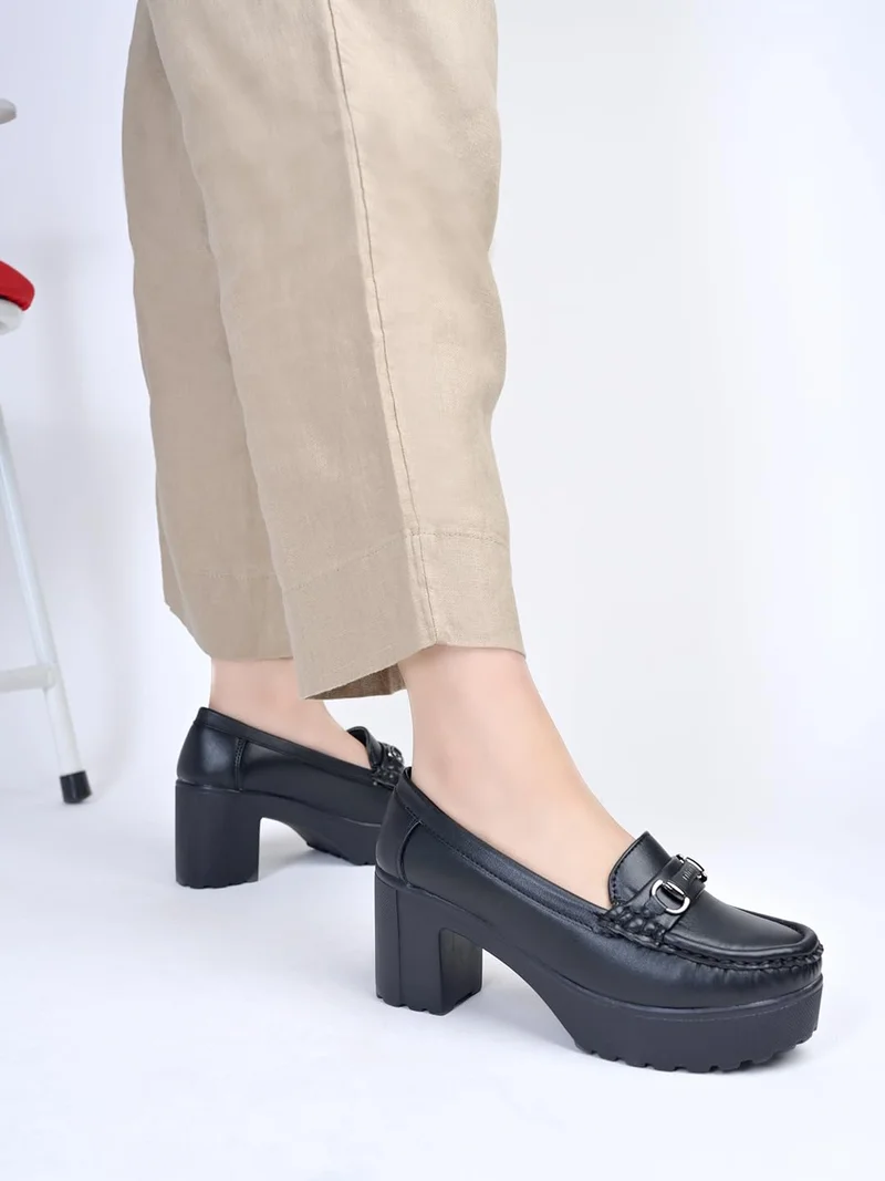 شوتوبيا Shoetopia Women’s Black Chunky Platform Loafers – Black Slip-On Dress Shoes | Bow Charm, Round Toe, Non-Slip Sole, Fashion Casual Shoes EU-37