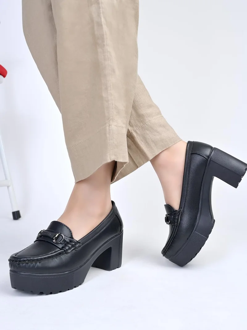 شوتوبيا Shoetopia Women’s Black Chunky Platform Loafers – Black Slip-On Dress Shoes | Bow Charm, Round Toe, Non-Slip Sole, Fashion Casual Shoes EU-37