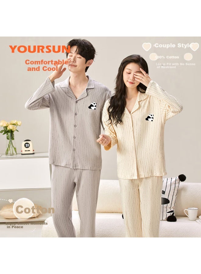 Your Sun Comfortable And Refreshing 100% Cotton Couple Pajamas Women's Spring/summer Long Sleeve Men's Home Wear Set Can Be Worn Out Valentine's Day - Image 2