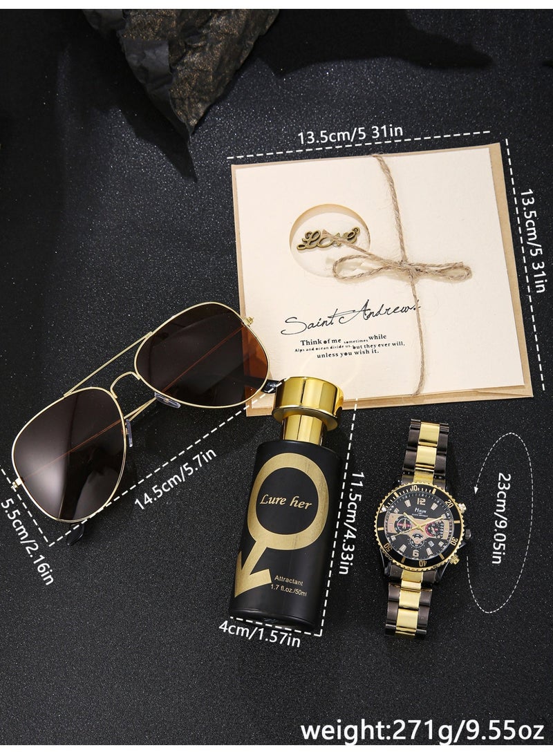 Geneva Men's black gold mosaic business multi-function watch set, matched with gold rimmed sunglasses and temperament perfume, suitable for daily business dating scenes, gift box packaging, suitable for giving him a perfect holiday birthday gift - Image 5