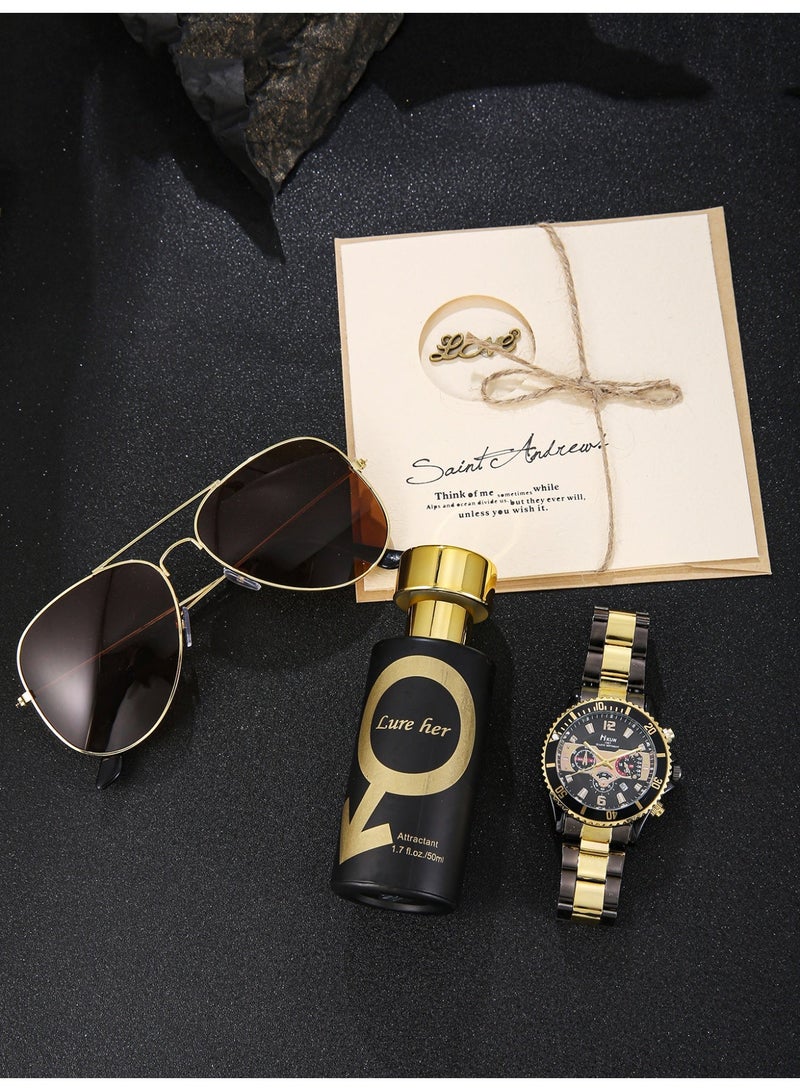 Geneva Men's black gold mosaic business multi-function watch set, matched with gold rimmed sunglasses and temperament perfume, suitable for daily business dating scenes, gift box packaging, suitable for giving him a perfect holiday birthday gift - Image 2
