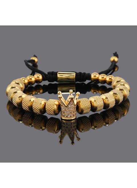 Royal Crown Mens Bracelet Stainless Steel Beaded Gold