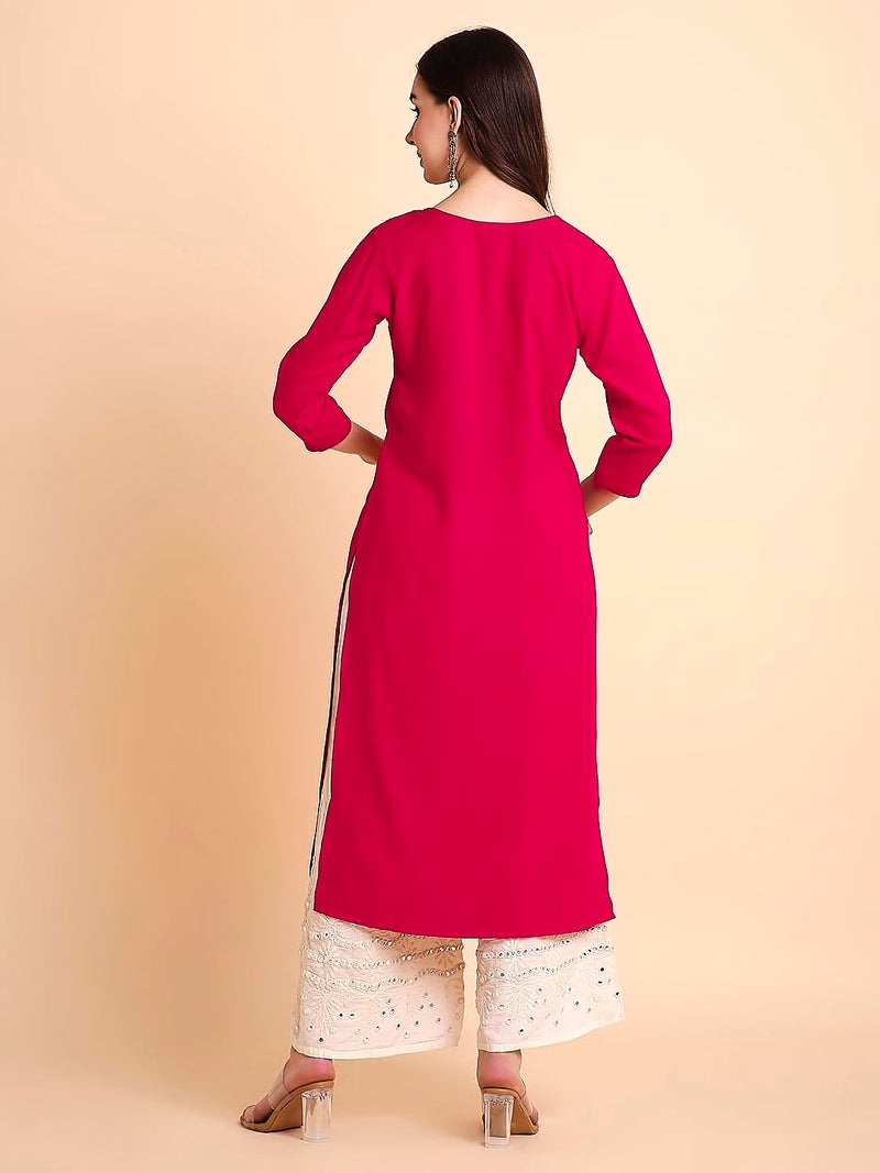 RATAN Women Rayon Regular Straight Lucknowi Chikankari Ethnic Wear Kurta (MEHR-1788-XL_Rani Pink) - Image 2