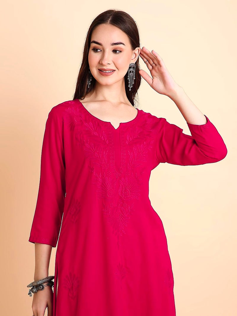RATAN Women Rayon Regular Straight Lucknowi Chikankari Ethnic Wear Kurta (MEHR-1788-XL_Rani Pink) - Image 3