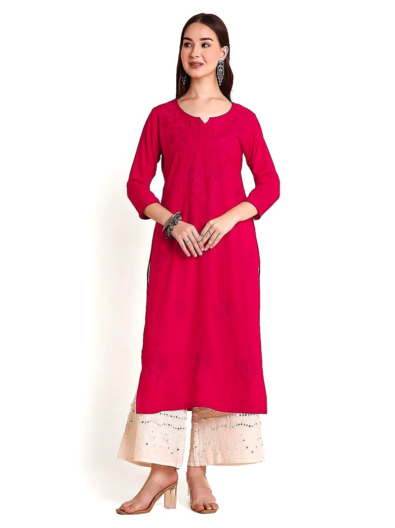 RATAN Women Rayon Regular Straight Lucknowi Chikankari Ethnic Wear Kurta (MEHR-1788-XL_Rani Pink) - Image 1