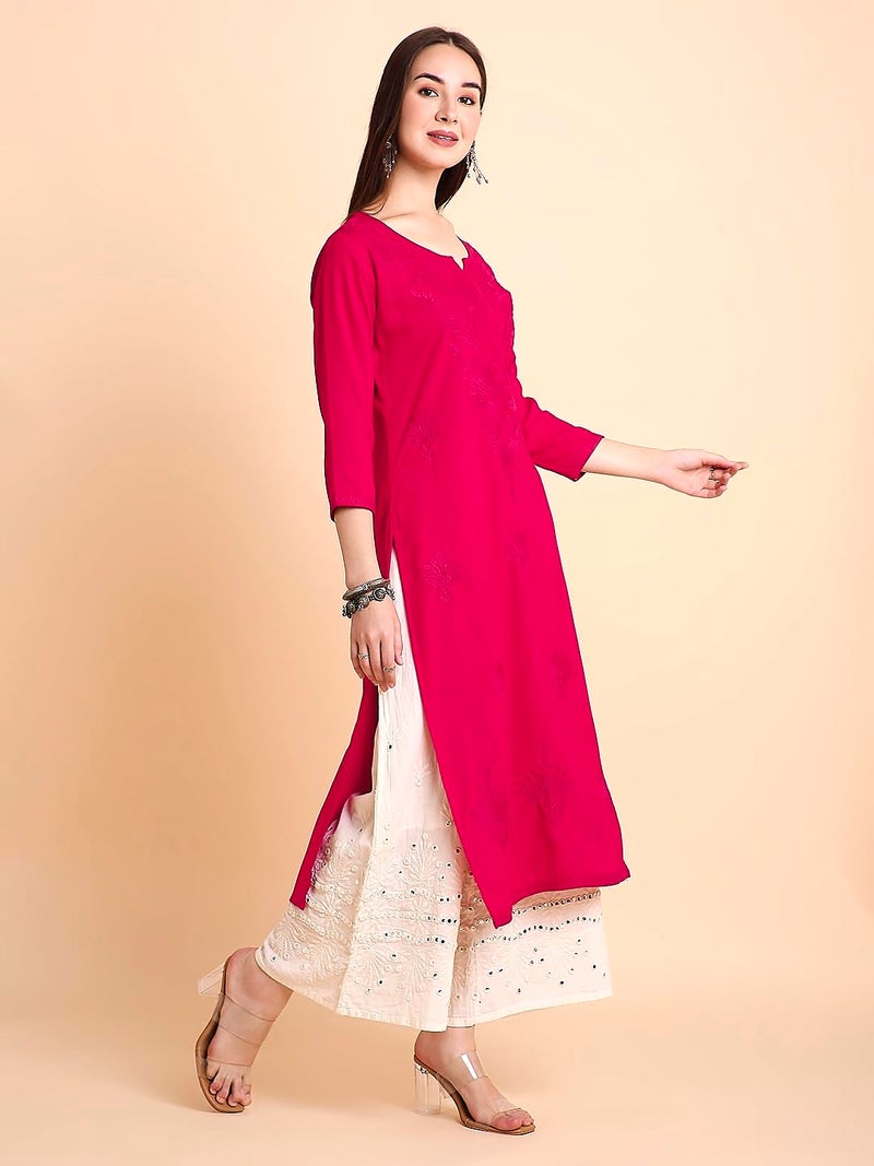 RATAN Women Rayon Regular Straight Lucknowi Chikankari Ethnic Wear Kurta (MEHR-1788-XL_Rani Pink) - Image 5