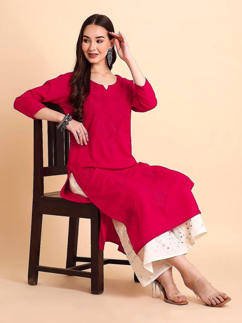 RATAN Women Rayon Regular Straight Lucknowi Chikankari Ethnic Wear Kurta (MEHR-1788-XL_Rani Pink) - Image 4