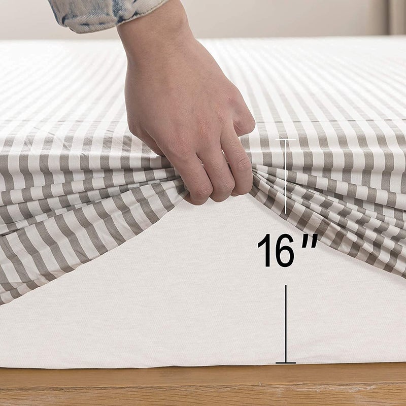 JELLYMONI 100% Cotton Grey Striped Fitted Sheet, Queen Bed Sheet Extral Deep 16”, Ultra Soft Breathable Deep Pocket Printed Grey with White Stripes Pattern, 1- Piece Fitted Sheet - Image 3