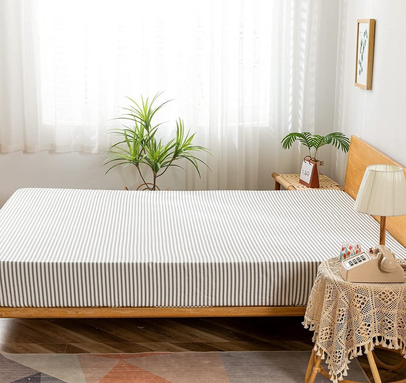 JELLYMONI 100% Cotton Grey Striped Fitted Sheet, Queen Bed Sheet Extral Deep 16”, Ultra Soft Breathable Deep Pocket Printed Grey with White Stripes Pattern, 1- Piece Fitted Sheet - Image 2