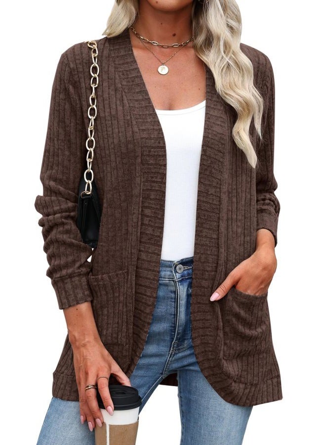 Halife Women's Fashion Cardigan Sweaters Lightweight Open Front Long Sleeve Casual Thin Cardigans with Pockets, Brown, S - Image 1